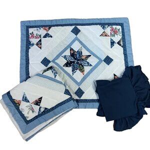 2 Quilted Pillow Shams Blue White Pink Floral + West Point Dark Blue Ruffle Sham